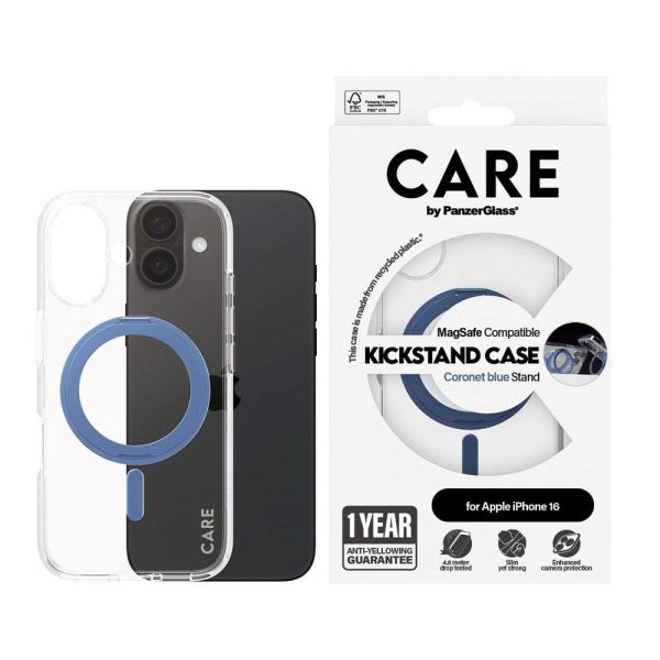 CARE by PanzerGlass iPhone 16 Feature Kickstand Case - MagSafe Kompatibel - Transparent   Coronet Blue For Sale