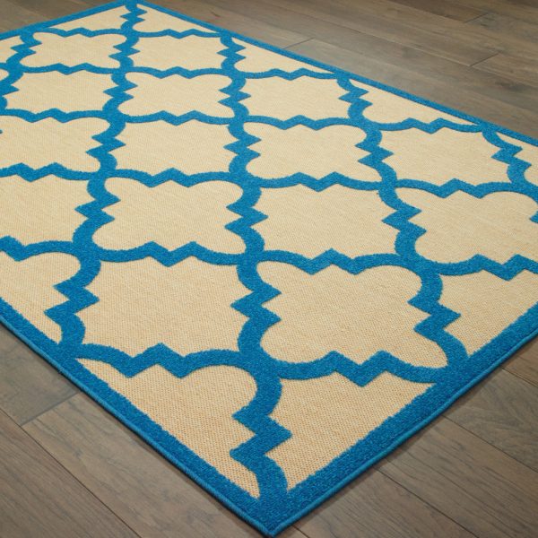 7  X 10  Blue and Beige Geometric Stain Resistant Indoor Outdoor Area Rug Online Sale