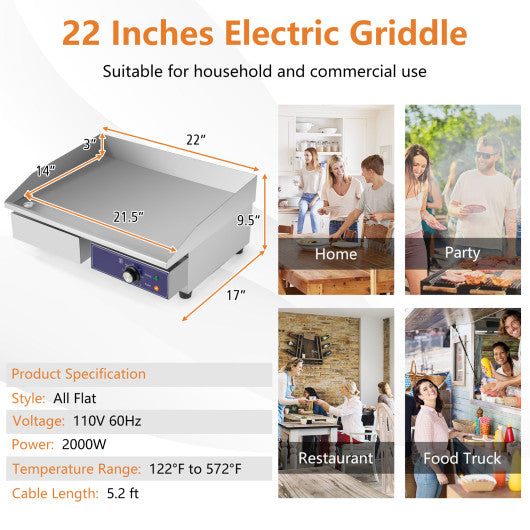 Commercial Electric Griddle with 122℉-572℉ Adjustable Temperature Control-Silver For Discount