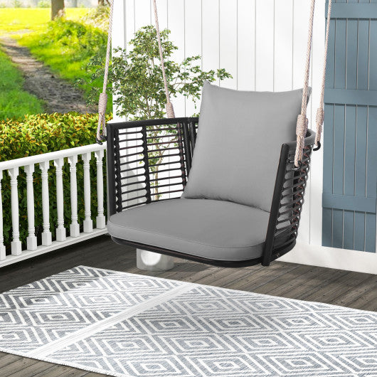 Single Person Hanging Seat with Woven Rattan Backrest for Backyard-Gray For Discount