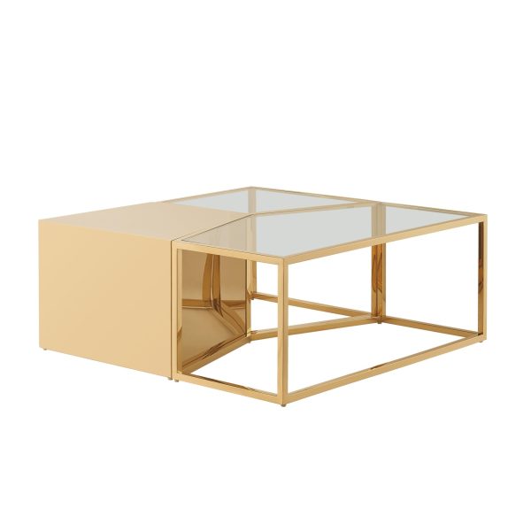 Set of Three 37  Clear And Gold Glass And Stainless Steel Square Mirrored Bunching Coffee Tables Discount