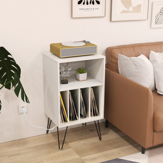 Record Player Stand with Charging Station for Living Room Bedroom-White on Sale