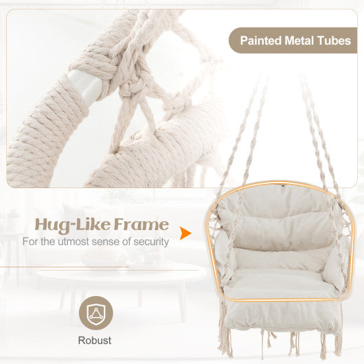 Hammock Chair with Thick Cushion & Macrame Holds up to 330 LBS-Beige For Discount