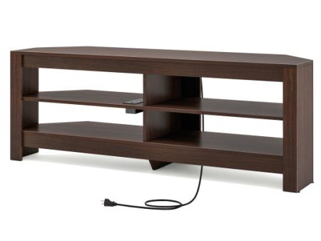 Corner TV Stand with Power Outlet and 4 Open Storage Shelves-Brown Discount