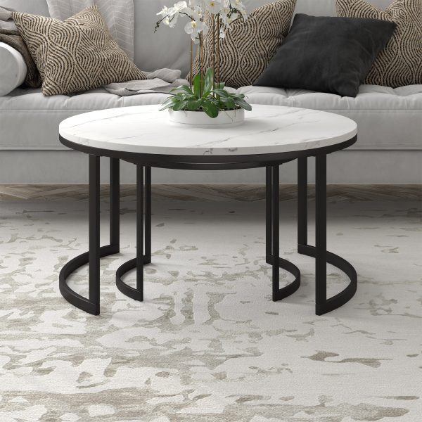 Set of Two 36  White And Black Faux Marble And Steel Round Nested Coffee Tables Hot on Sale