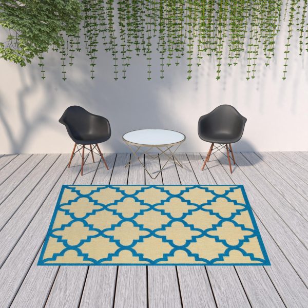 7  X 10  Blue and Beige Geometric Stain Resistant Indoor Outdoor Area Rug Online Sale