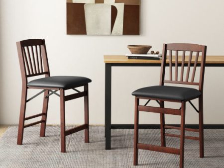 Set of 2 Counter Height Chairs Folding Kitchen Island Stool with Padded Seat-Brown Sale