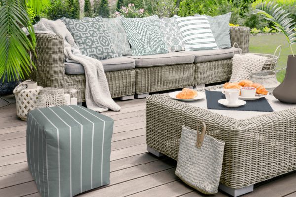 17  Blue Polyester Cube Striped Indoor Outdoor Pouf Ottoman For Sale