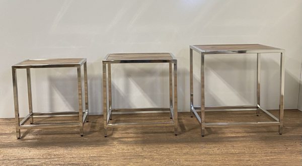 Set of Three 21  Silver And Brown Solid Wood Nested Tables Hot on Sale