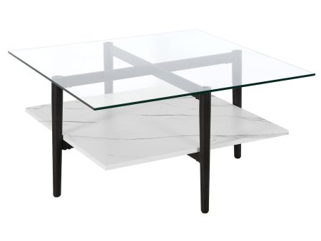 32  White And Black Glass And Steel Square Coffee Table With Shelf For Sale