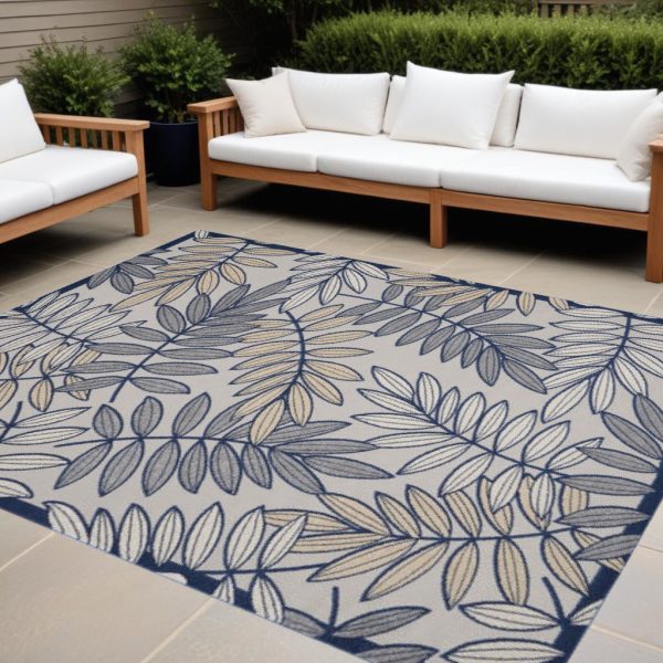 12  X 15  Ivory And Navy Floral Non Skid Indoor Outdoor Area Rug Sale