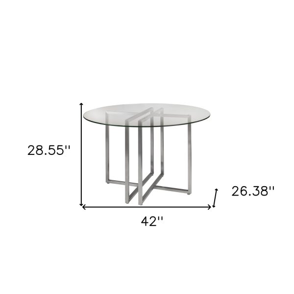 42  Clear And Silver Rounded Glass And Metal Trestle Base Dining Table on Sale