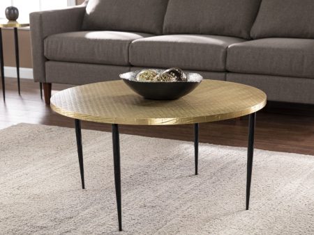 34  Black And Gold Embossed Metal Round Coffee Table For Sale