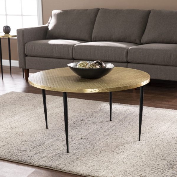 34  Black And Gold Embossed Metal Round Coffee Table For Sale