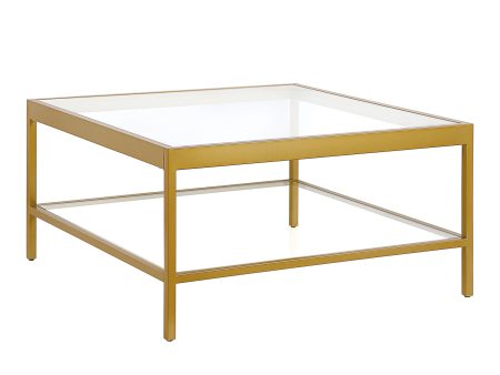 32  Clear And Gold Glass And Steel Square Coffee Table With Shelf For Discount