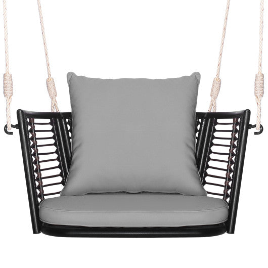 Single Person Hanging Seat with Woven Rattan Backrest for Backyard-Gray For Discount