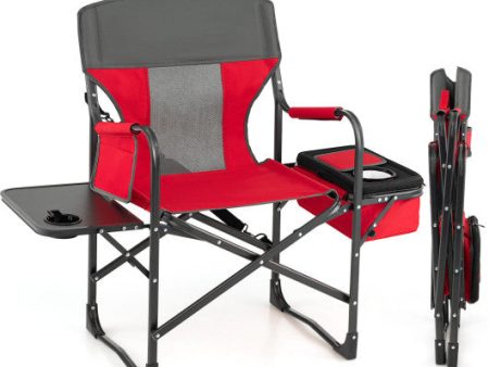 Folding Camping Directors Chair with Cooler Bag and Side Table-Red Discount