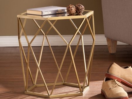 19  Gold And Reflective Glass Hexagon Mirrored End Table Discount