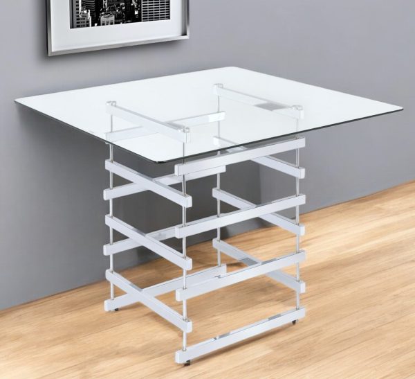 Clear And Silver Glass And Metal Sled Base Square Dining Table on Sale