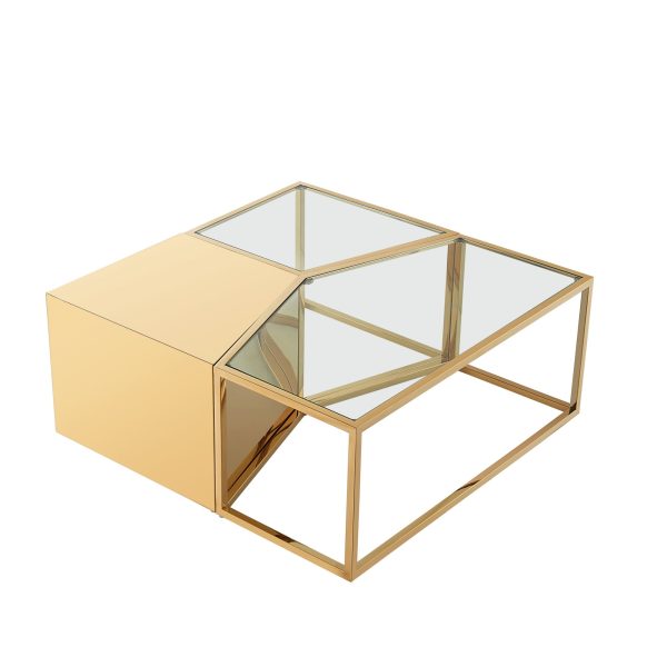 Set of Three 37  Clear And Gold Glass And Stainless Steel Square Mirrored Bunching Coffee Tables Discount