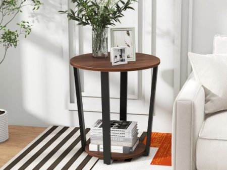 Round End Table with Open Shelf and Metal Frame-Walnut For Discount