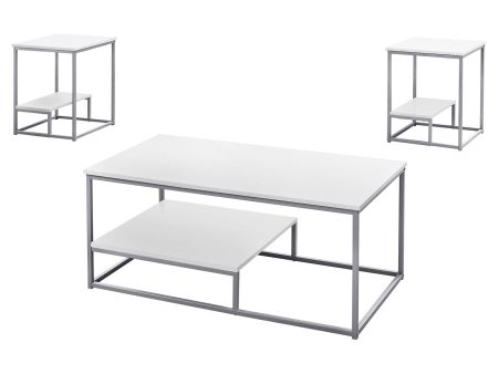 Set of Three 42  White And Silver Metal Coffee Table With Shelf For Cheap