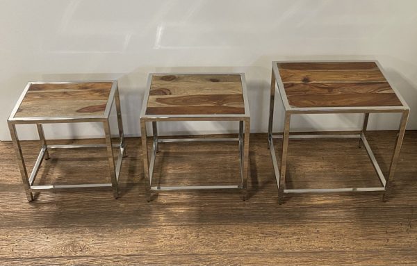 Set of Three 21  Silver And Brown Solid Wood Nested Tables Hot on Sale