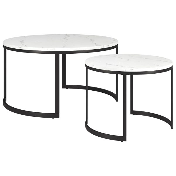 Set of Two 36  White And Black Faux Marble And Steel Round Nested Coffee Tables Hot on Sale