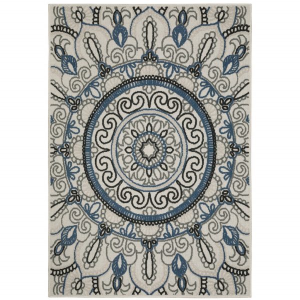 10  X 13  Blue and Beige Geometric Stain Resistant Indoor Outdoor Area Rug Online Sale