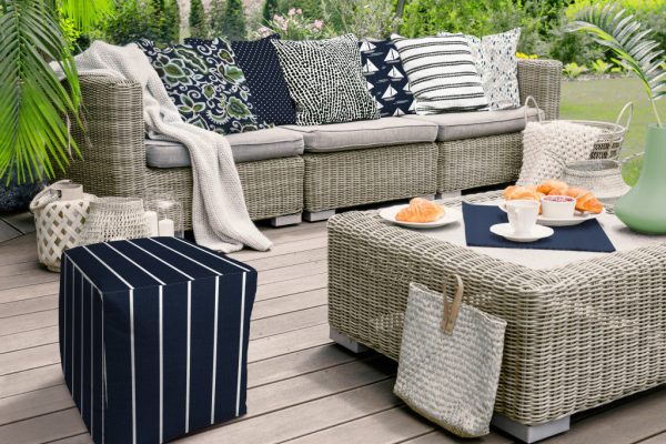 17  Taupe Polyester Cube Striped Indoor Outdoor Pouf Ottoman Online