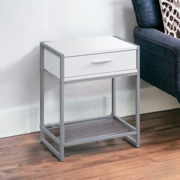 22  White Glass And Metal End Table With Drawer And Shelf Supply