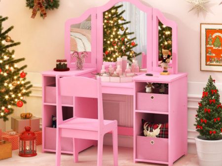 Kids Vanity Table and Chair Set with Removable Mirrors and 4 Storage Bins-Pink Online Sale