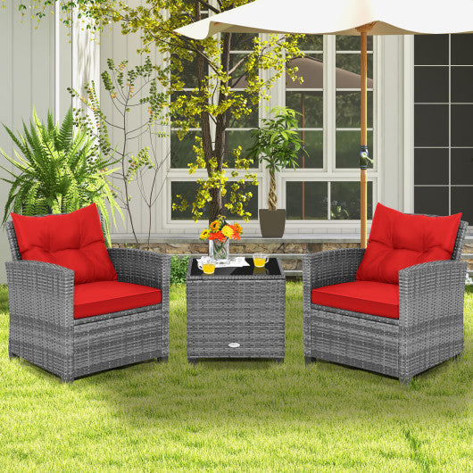 3 Pieces Outdoor Wicker Conversation Set with Tempered Glass Tabletop-Red on Sale