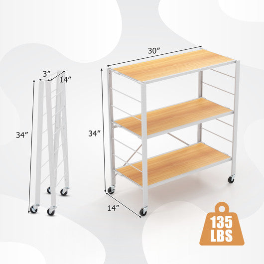 3-Tier Foldable Shelving Unit with Detachable Wheels and Adjustable Shelves-Natural Cheap