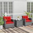 3 Pieces Outdoor Wicker Conversation Set with Tempered Glass Tabletop-Red on Sale