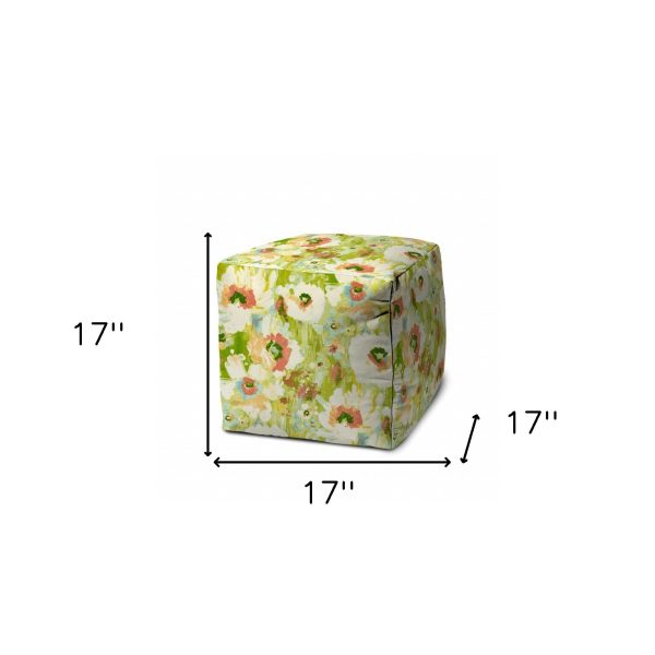 17  Green Polyester Cube Floral Indoor Outdoor Pouf Ottoman Fashion