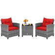 3 Pieces Outdoor Wicker Conversation Set with Tempered Glass Tabletop-Red on Sale