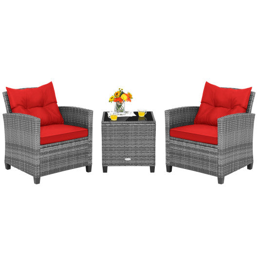 3 Pieces Outdoor Wicker Conversation Set with Tempered Glass Tabletop-Red on Sale