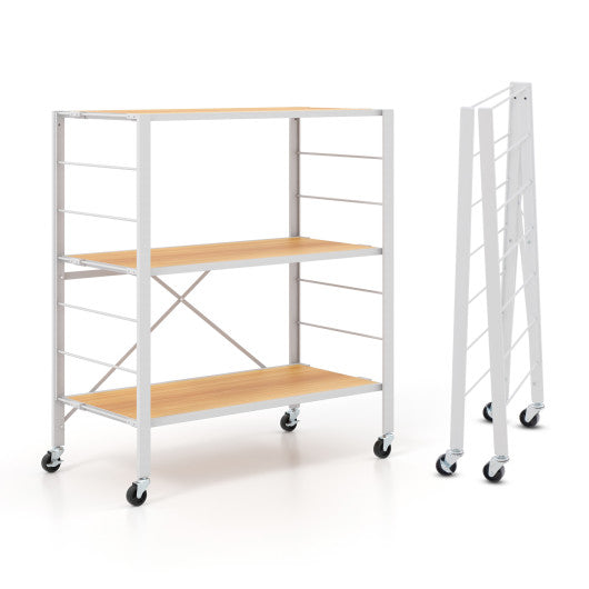 3-Tier Foldable Shelving Unit with Detachable Wheels and Adjustable Shelves-Natural Cheap