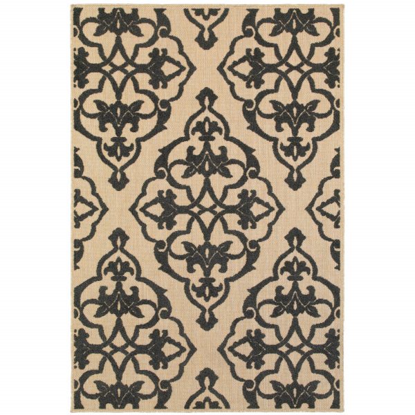 10  X 13  Beige and Black Oriental Stain Resistant Indoor Outdoor Area Rug Hot on Sale