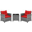 3 Pieces Outdoor Wicker Conversation Set with Tempered Glass Tabletop-Red on Sale