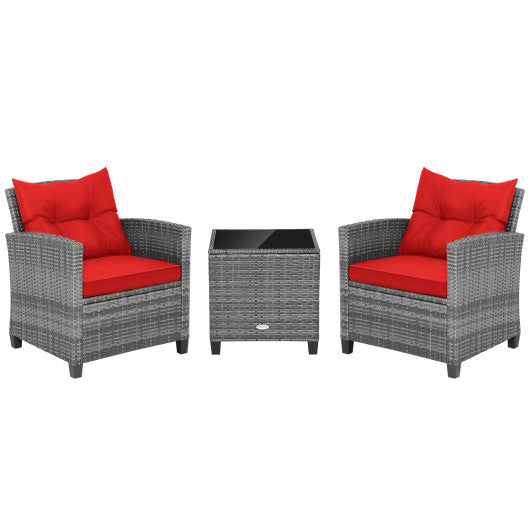 3 Pieces Outdoor Wicker Conversation Set with Tempered Glass Tabletop-Red on Sale