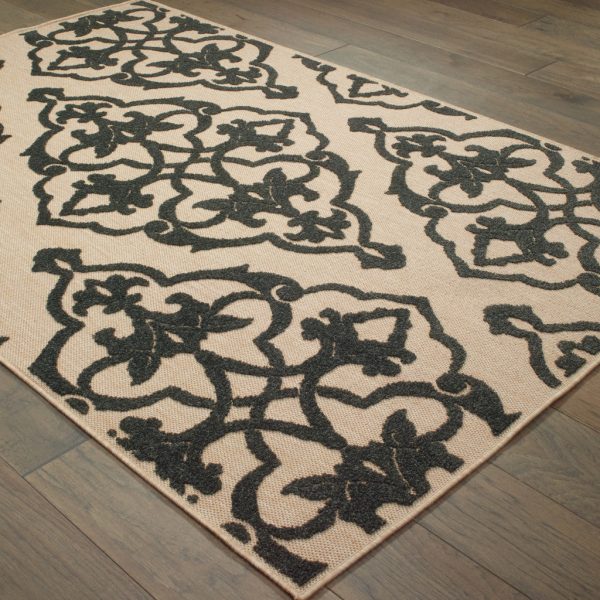 10  X 13  Beige and Black Oriental Stain Resistant Indoor Outdoor Area Rug Hot on Sale