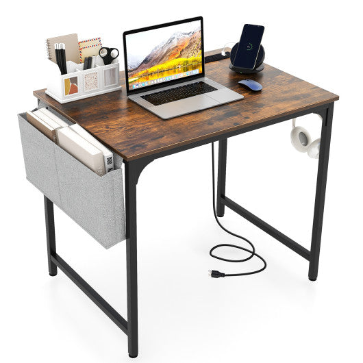 32 Inch Home Office Desk with Charging Station Storage Bag and Headphone Hook-Rustic Brown Online now