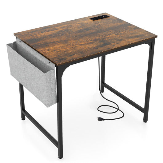 32 Inch Home Office Desk with Charging Station Storage Bag and Headphone Hook-Rustic Brown Online now