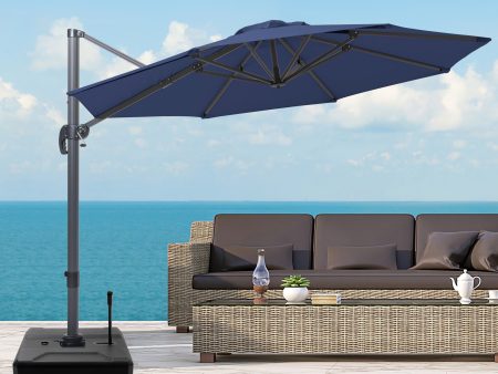 10  Navy Blue Polyester Round Tilt Cantilever Patio Umbrella With Stand Discount